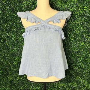 Women’s Chic Blue Ruffled Sleeveless Cotton Linen Top Sz S
